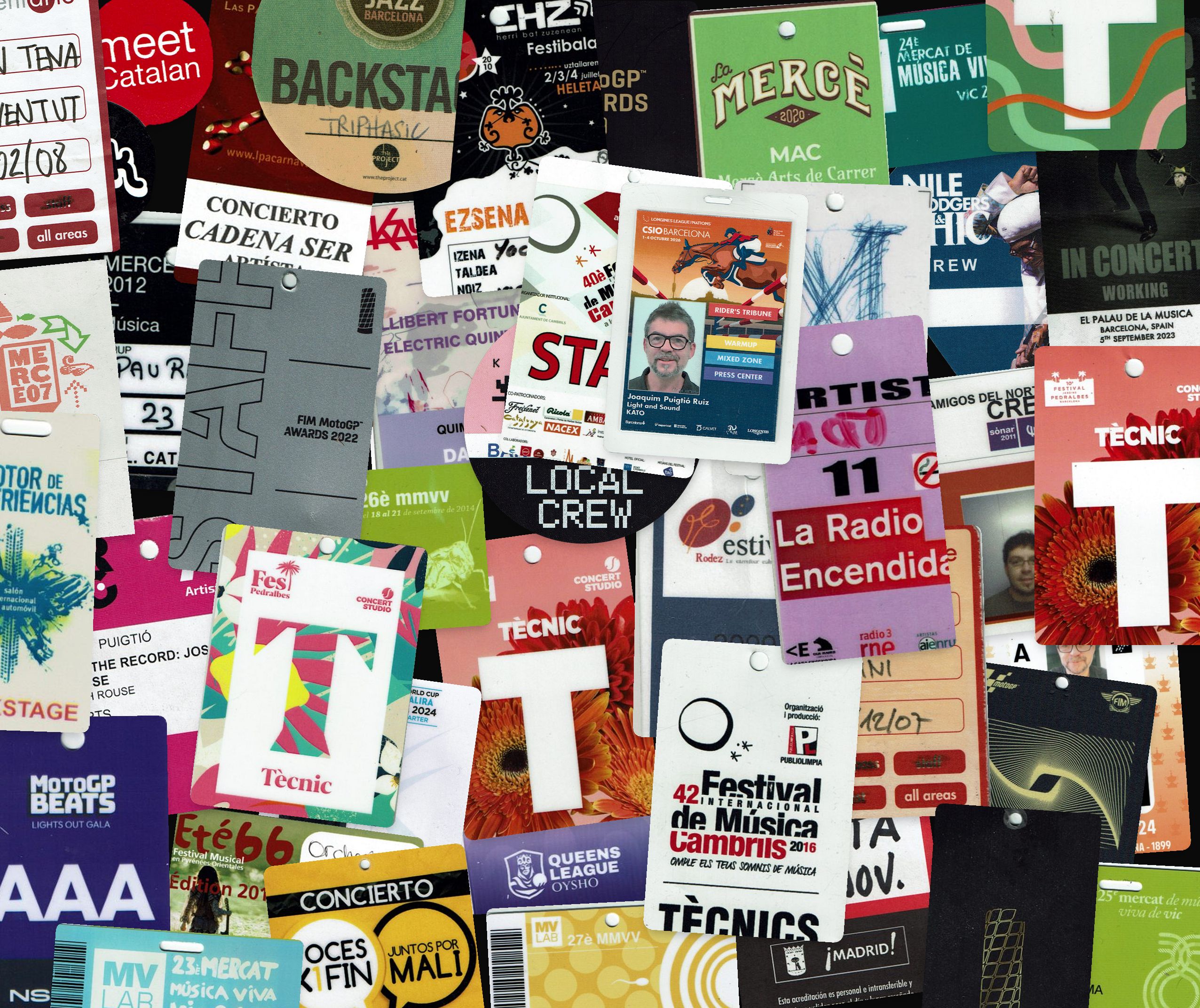 Collage d'acreditacions de feina d'en Kato: festivals, concerts, teatre i esdeveniments esportius, del 1995 al 2026